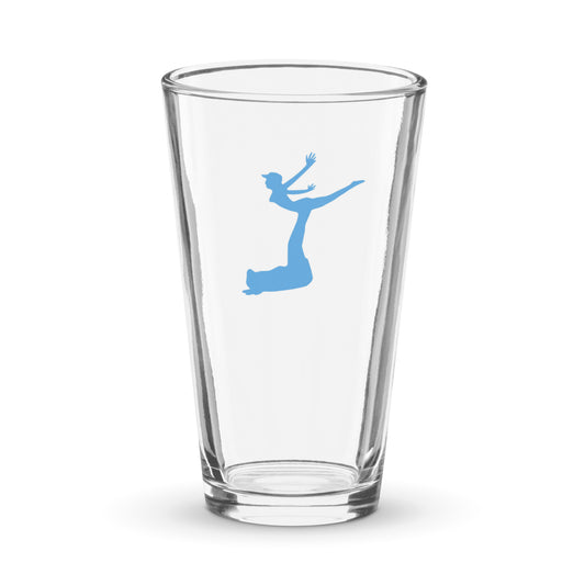 Air Jordon Logo of a man holding a woman in blue on a clear glass pint glass.
