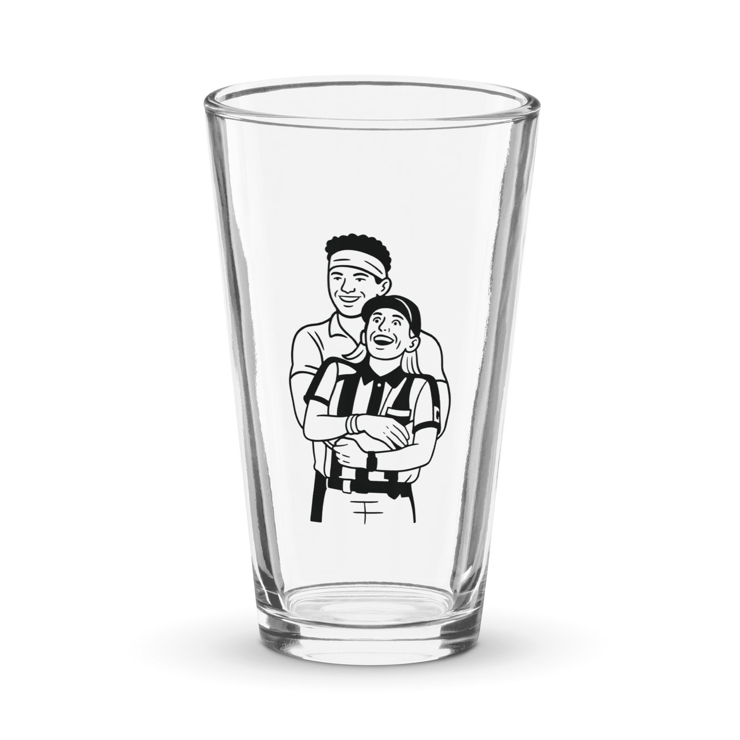 Clear glass with a black and white illustration of two people on a white background