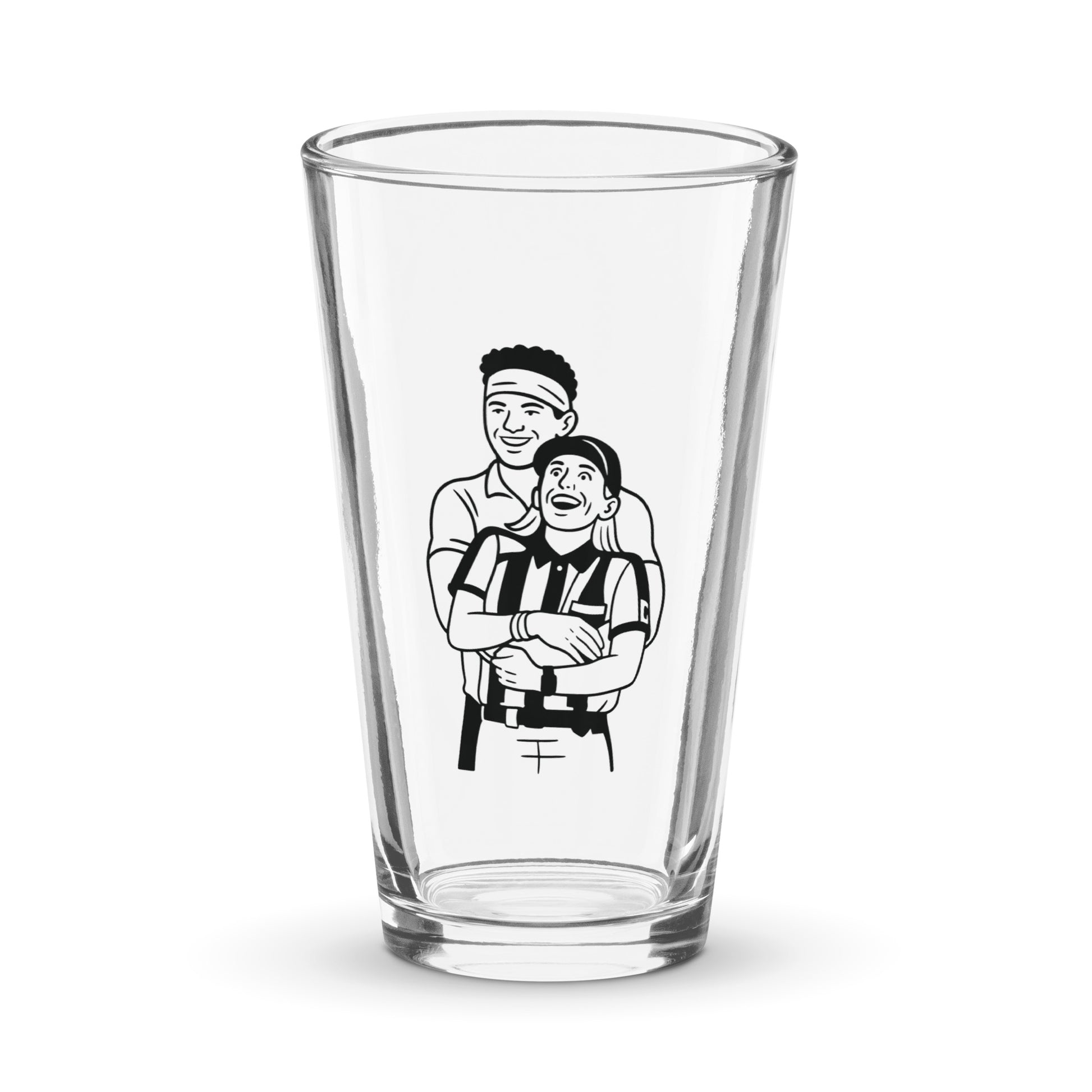 Clear glass with a black and white illustration of two people on a white background