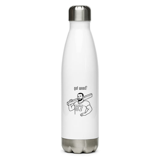 White water bottle with black graphic and text on a white background