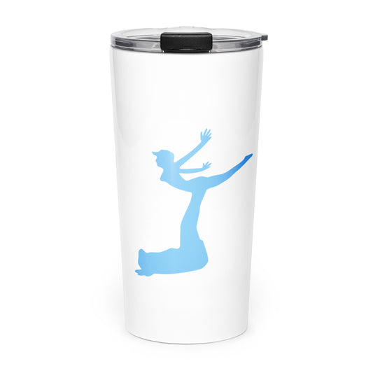 Air Jordon Logo of a man holding a woman in blue on a white tumbler with a clear, plastic lid with black metal clip.