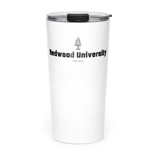 White tumbler with 'Redwood University' text and logo on a white background
