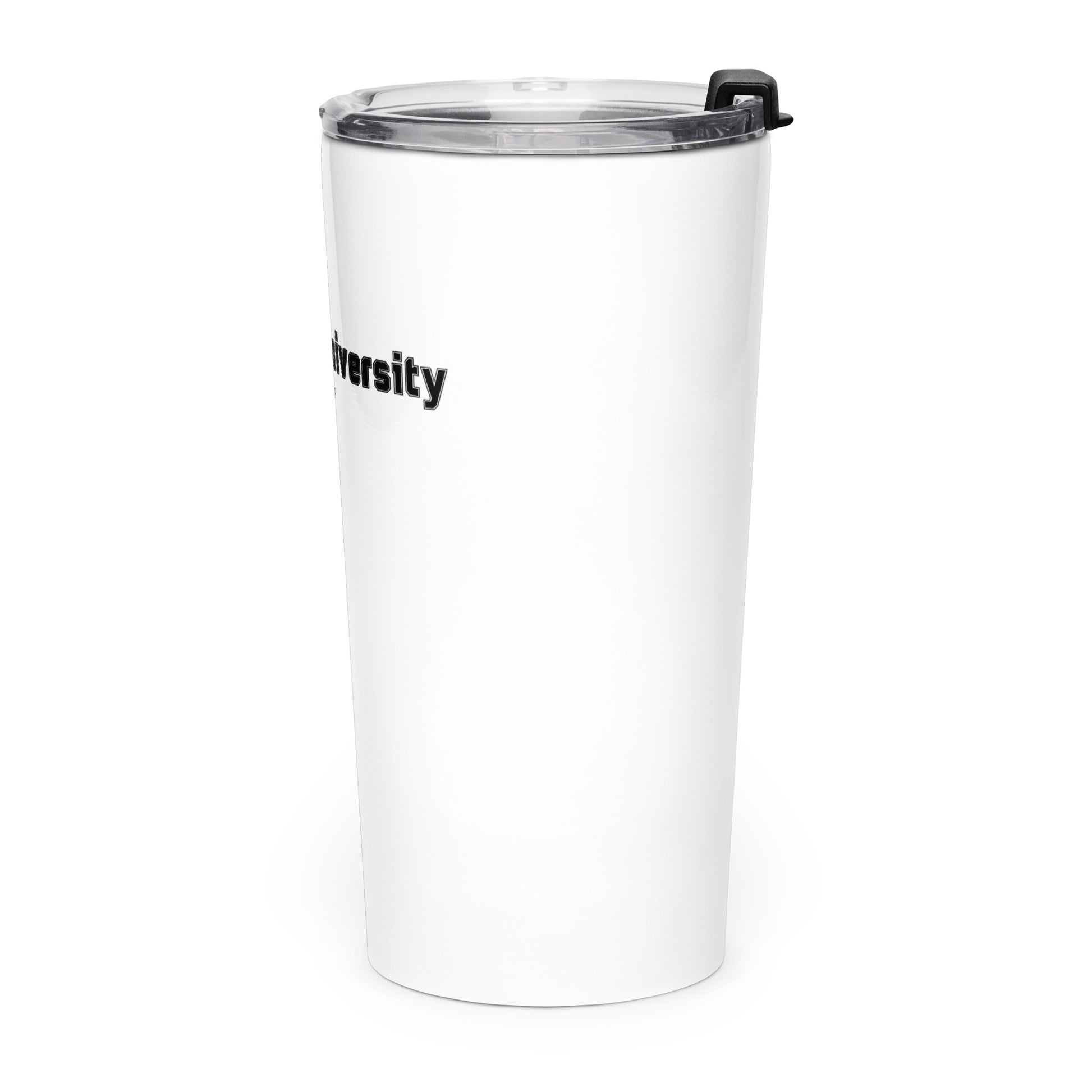 White tumbler with 'University' text on a white background