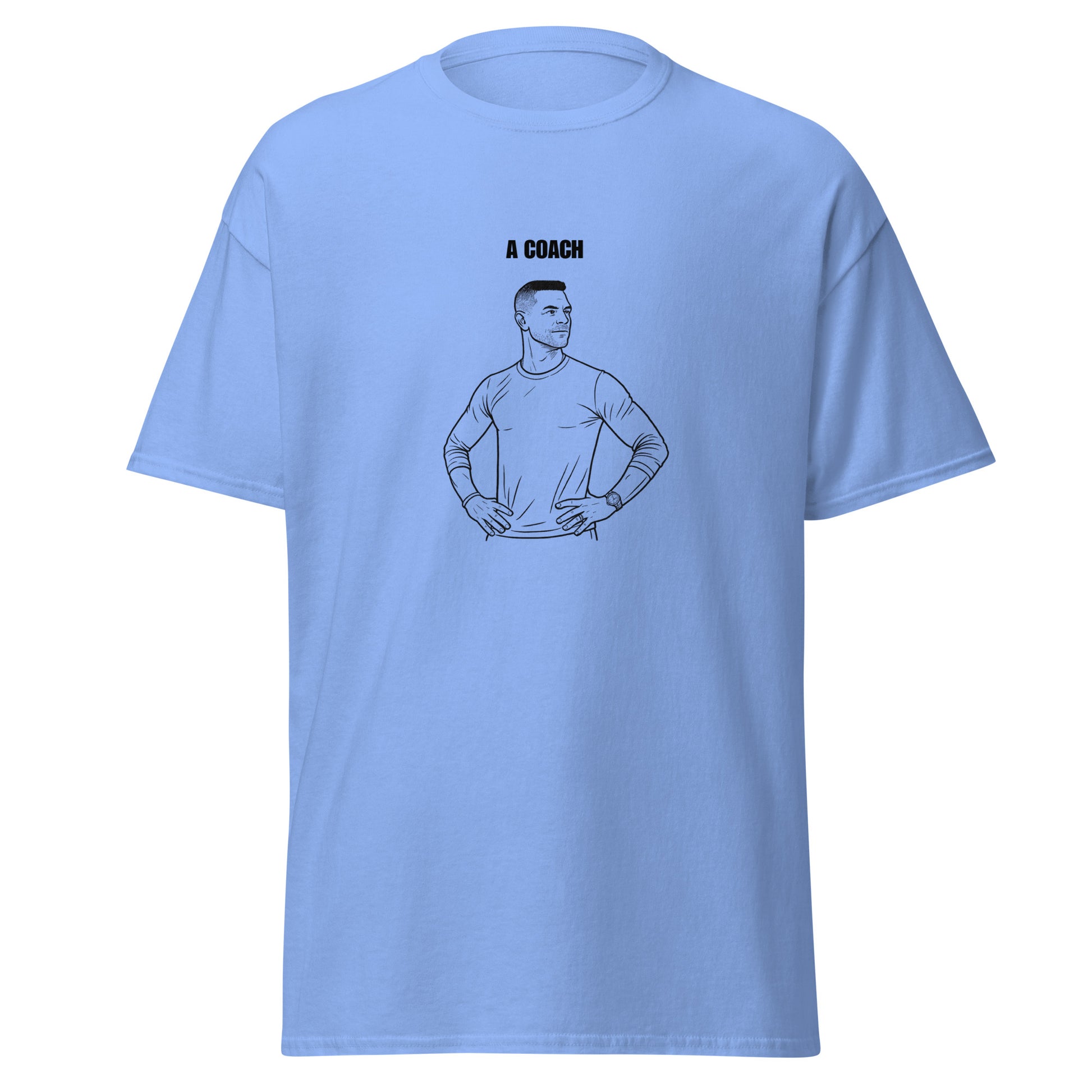 Light blue t-shirt with a graphic of a coach and text on a white background