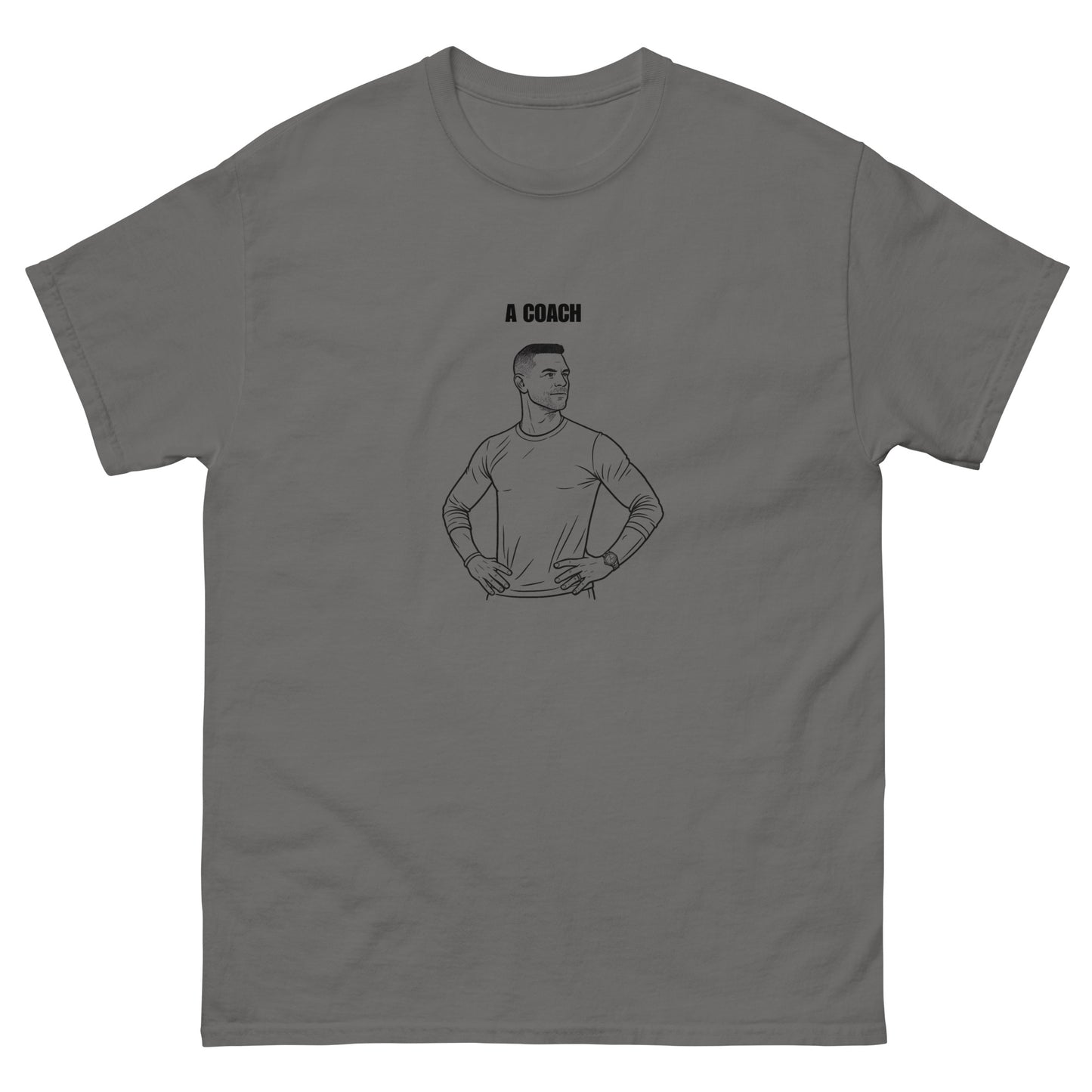 Gray t-shirt with a graphic of a coach and text on a white background