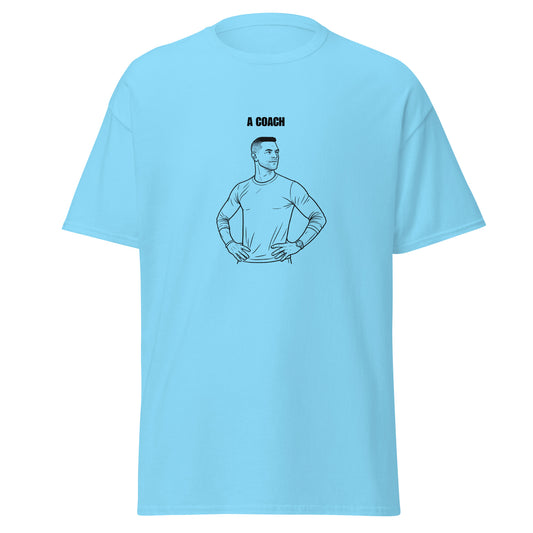 Light blue t-shirt with a graphic of a coach and text on the back, on a white background