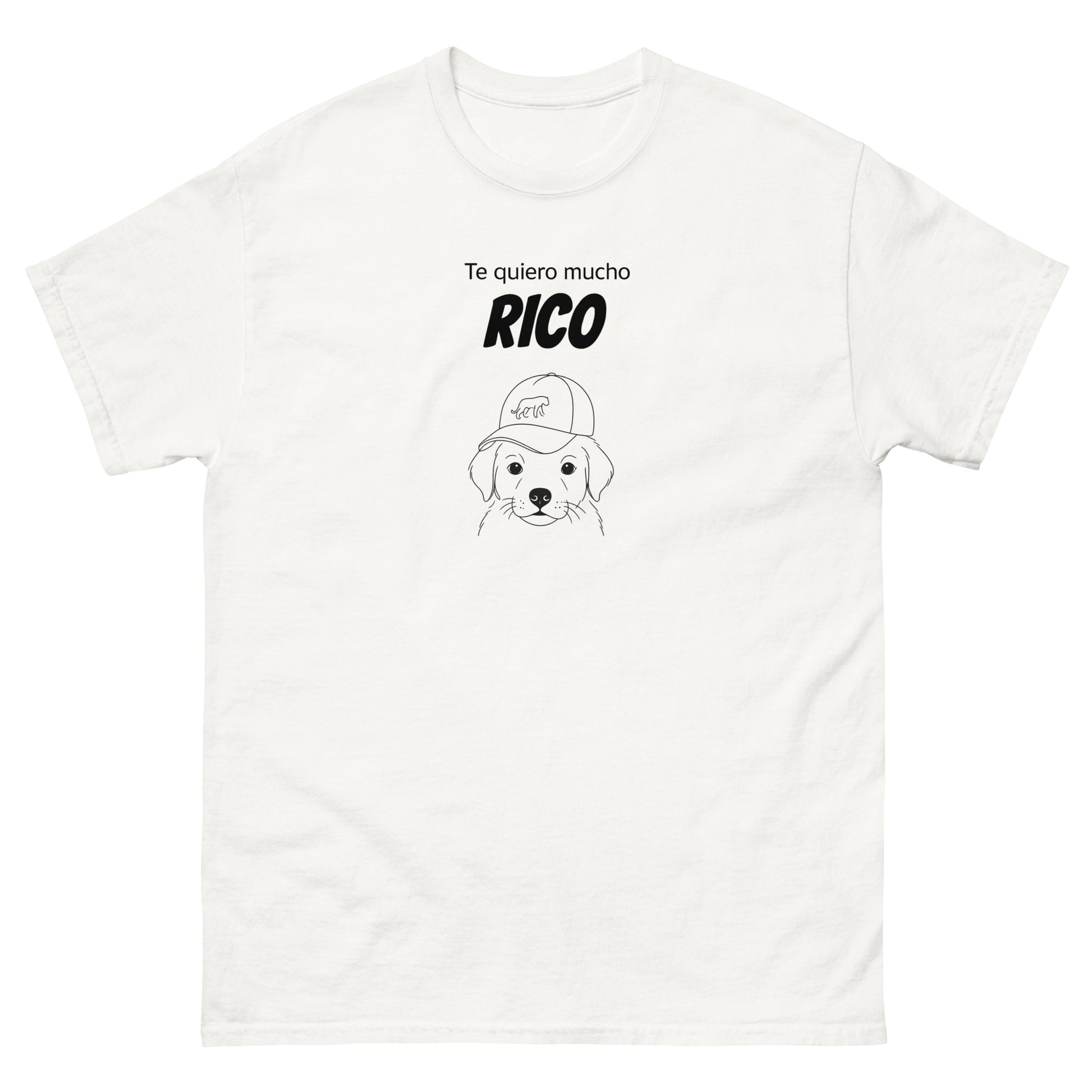 White t-shirt with a dog graphic and text on a white background