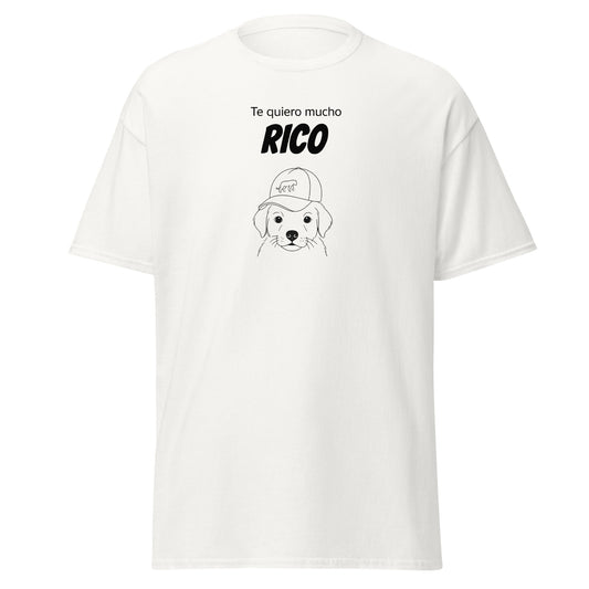White t-shirt with a dog graphic and text on a white background