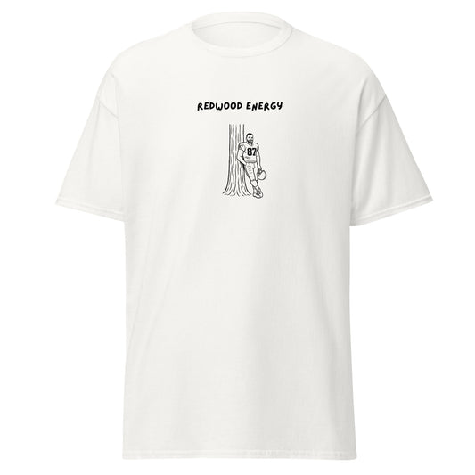 White t-shirt with black graphic and 'Redwood Energy' text on a white background