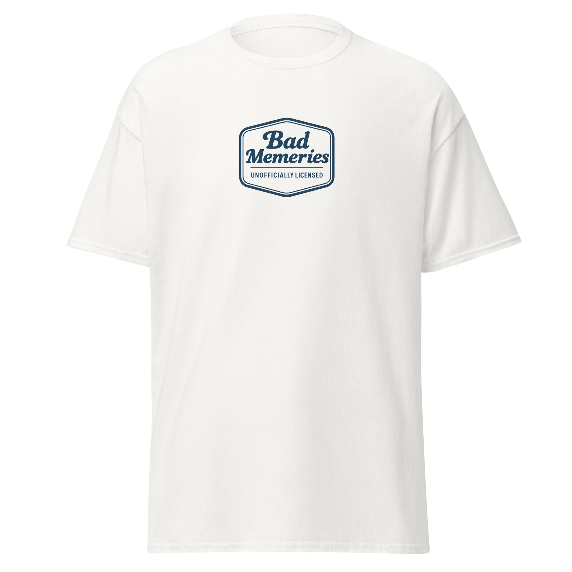 White t-shirt with 'Bad Memories' logo on a white background