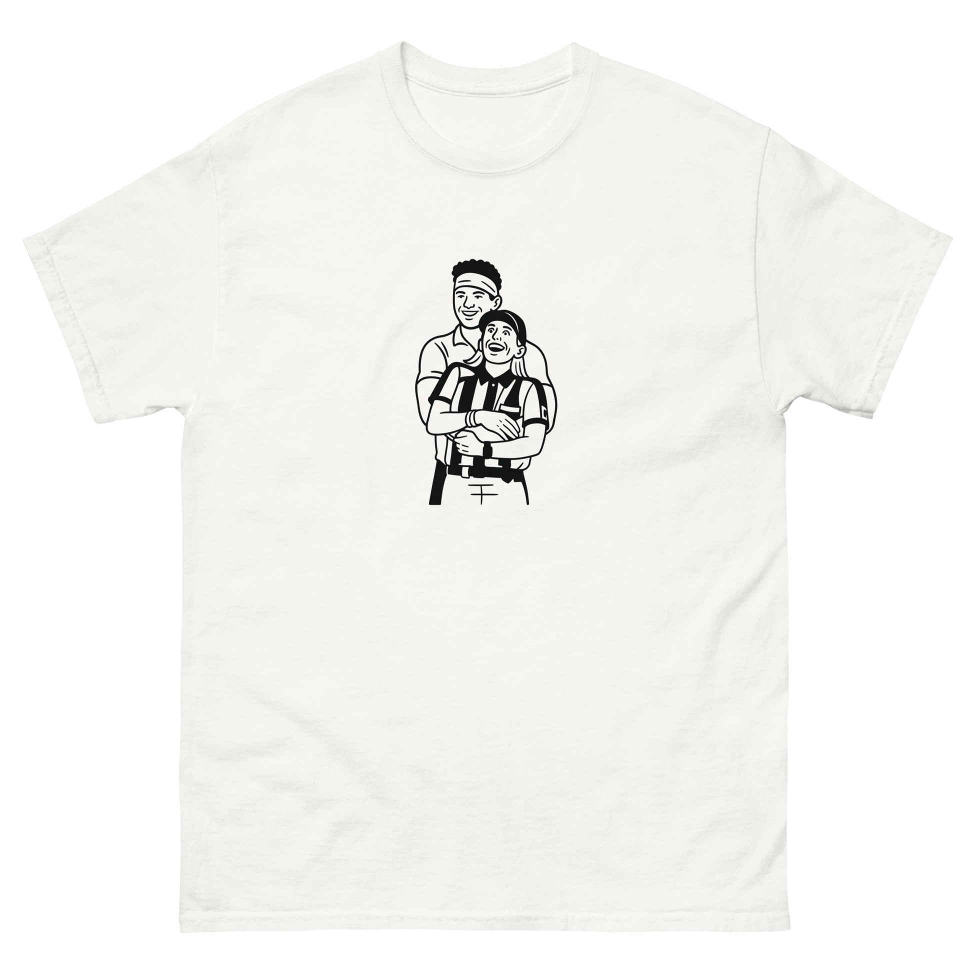 White t-shirt with black graphic of a couple hugging on a white background