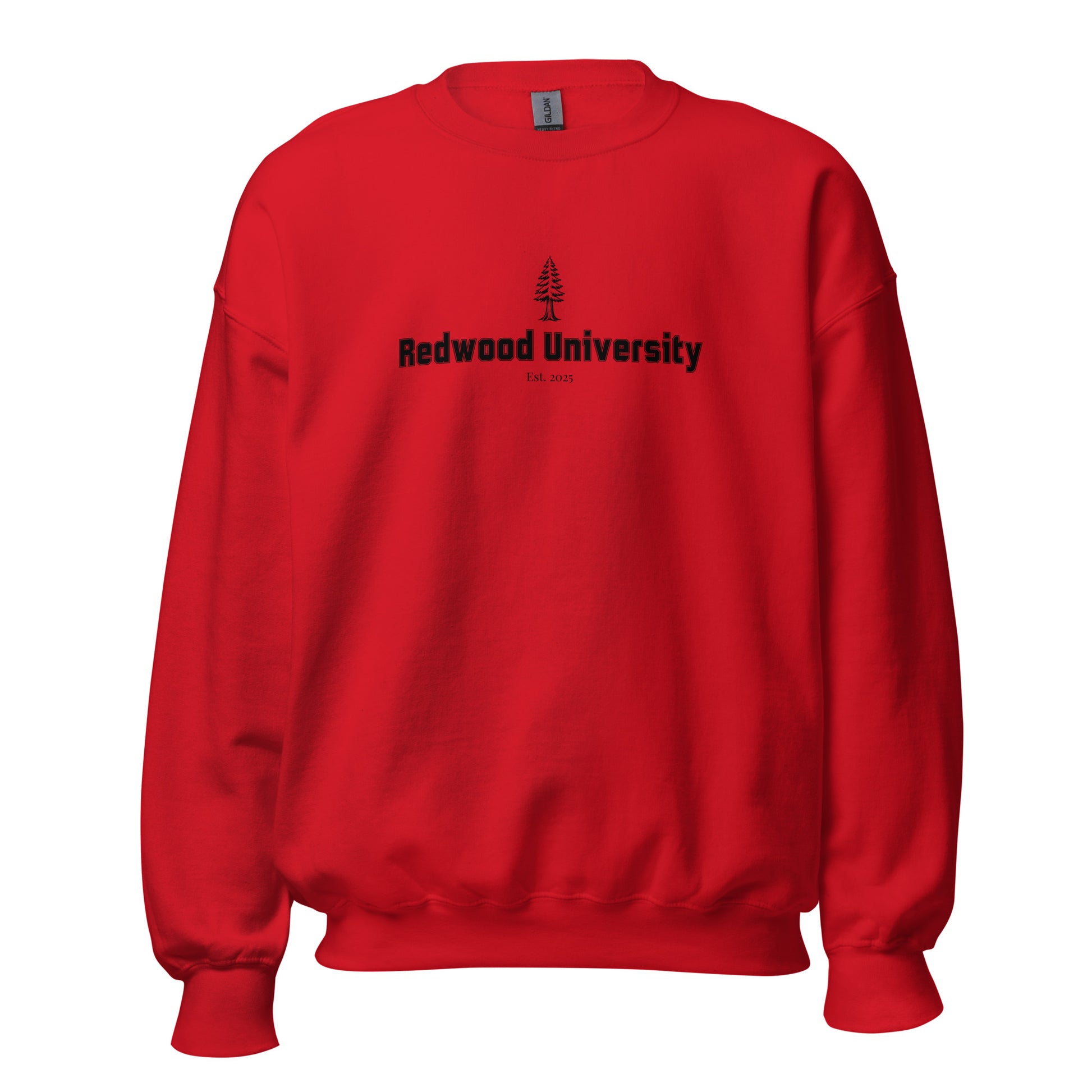 Red sweatshirt with 'Redwood University' text and logo on a white background
