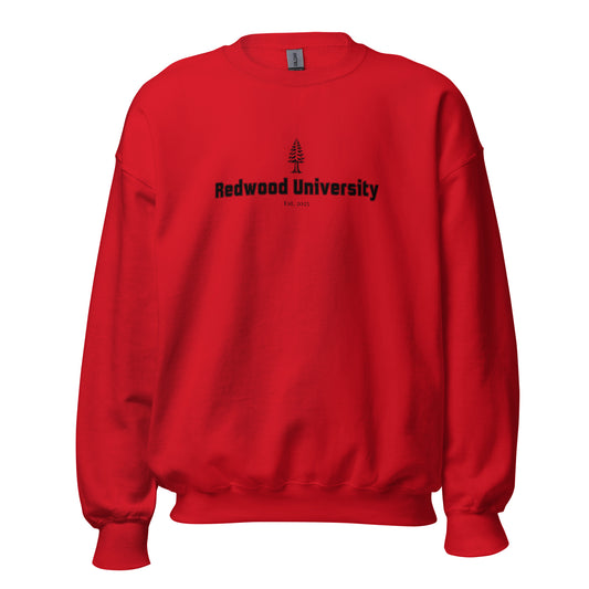 Red sweatshirt with 'Redwood University' text and logo on a white background