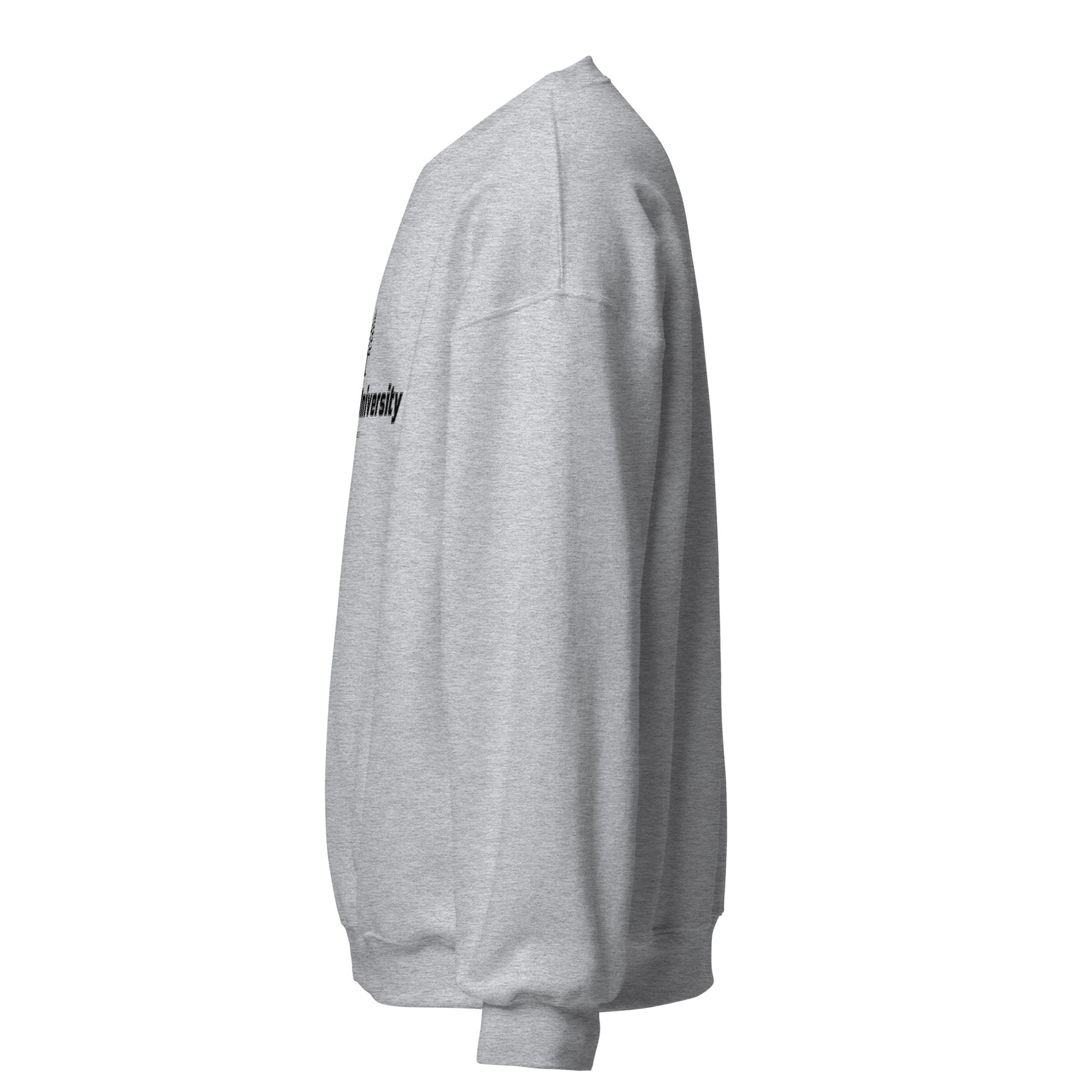Gray sweatshirt with a logo on the chest against a white background