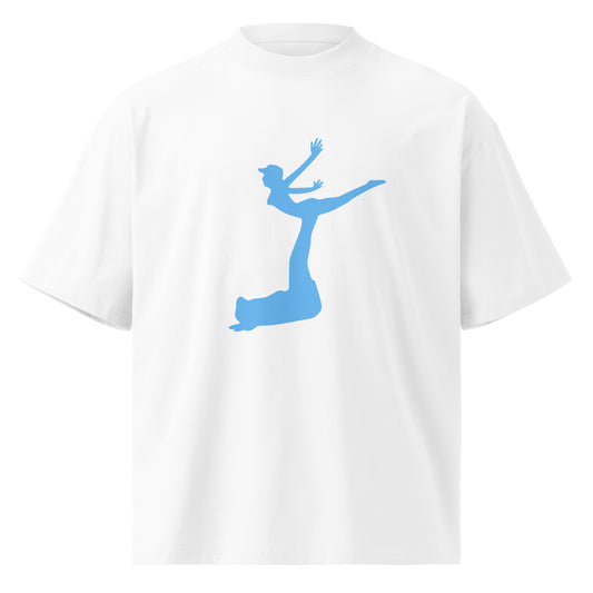 Air Jordon Logo of a man holding a woman in blue on the front of a white t-shirt.