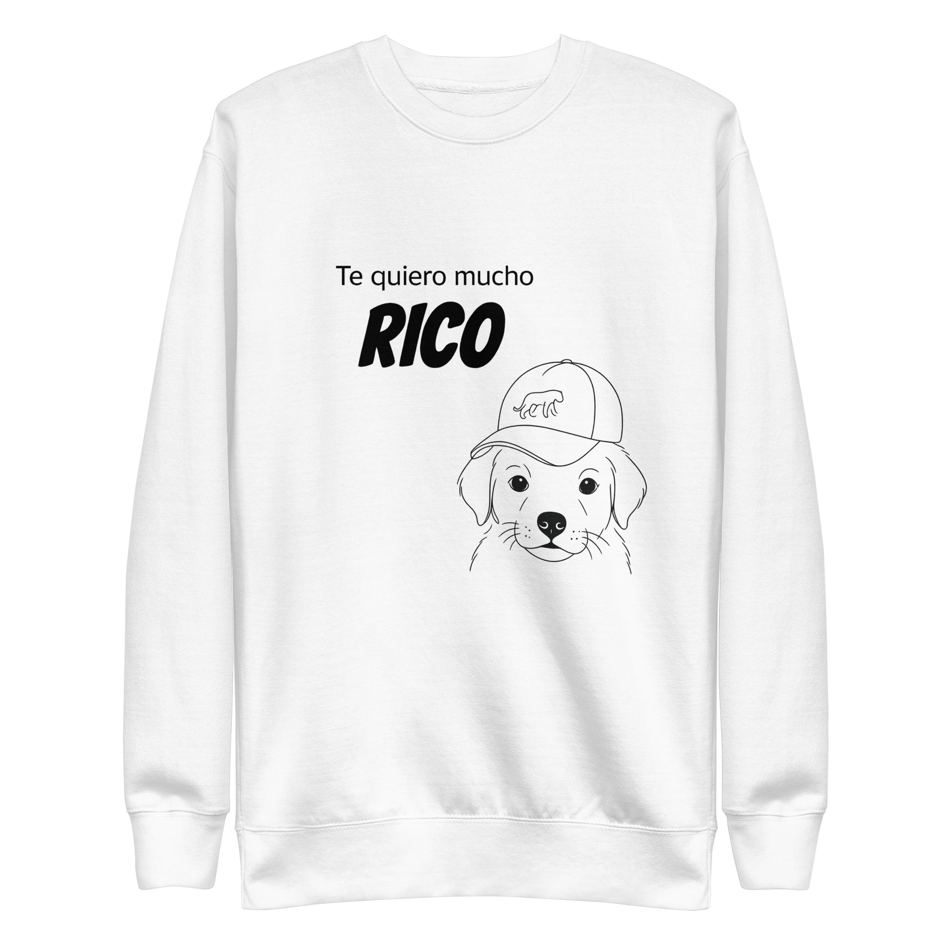 White sweatshirt with a dog illustration and text on a white background