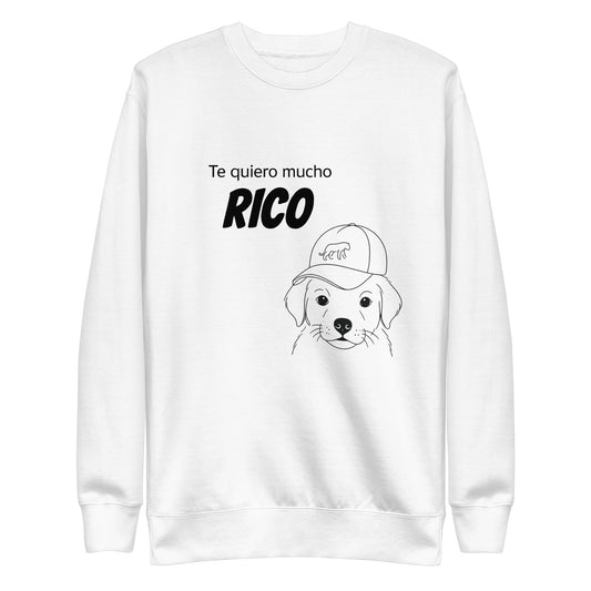 White sweatshirt with a dog illustration and text on a white background