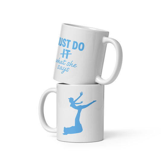 Two white mugs with blue text and graphics on a white background