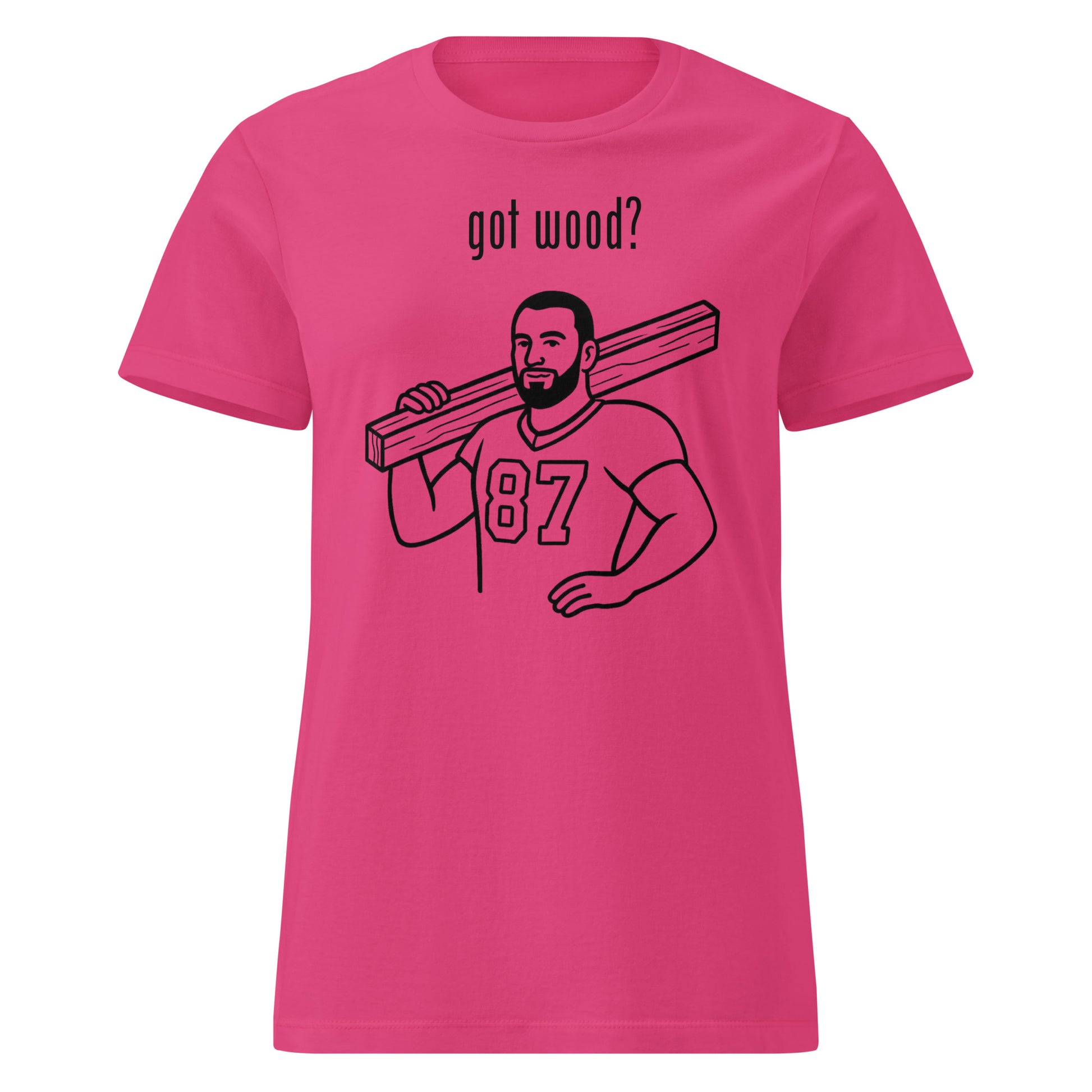 Pink t-shirt with graphic of a man carrying wood and text 'got wood?' on a white background