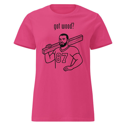 Pink t-shirt with graphic of a man carrying wood and text 'got wood?' on a white background