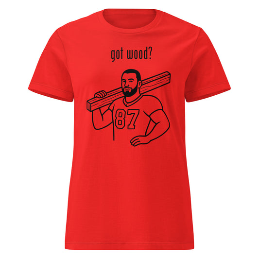 Red t-shirt with graphic of a man carrying wood and text 'got wood?' on a white background