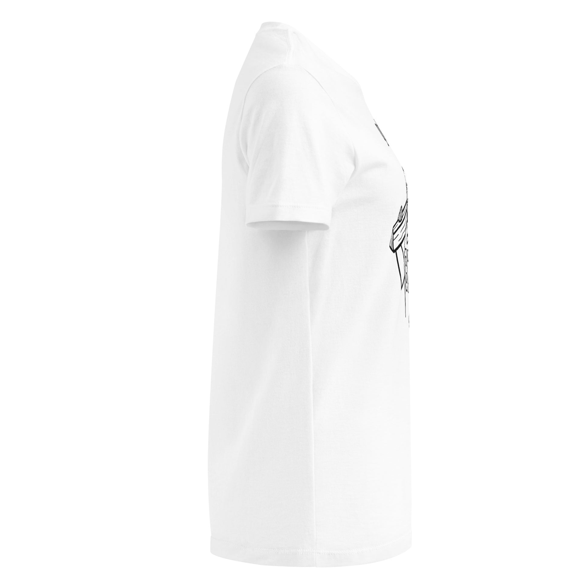 White t-shirt with a small graphic on the sleeve against a white background