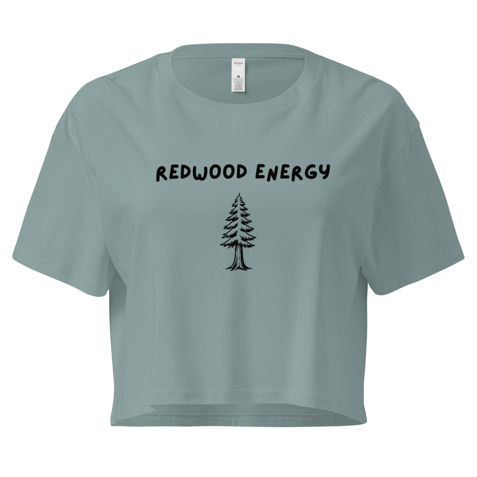 Light blue crop top with 'Redwood Energy' text and tree graphic on a white background