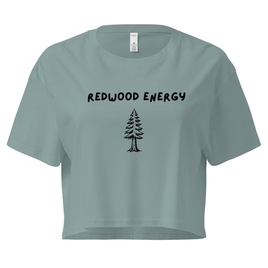 Light blue crop top with 'Redwood Energy' text and tree graphic on a white background
