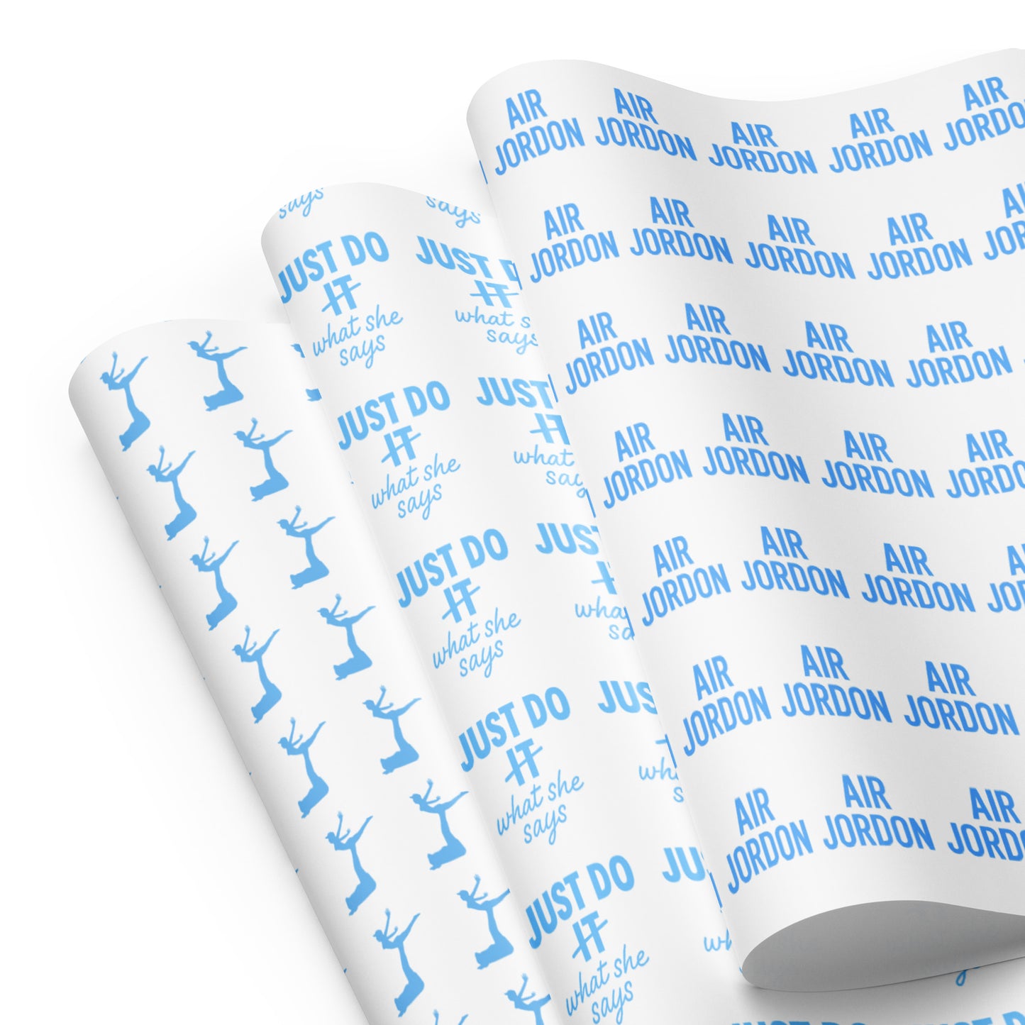 Three wrapping paper mock ups with Air Jordon silhoutte logo, Just Do what she says logo, and Air Jordon text logo all on white wrapping paper.